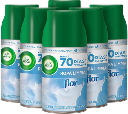 Mega Pack de 6 Recambios Air Wick Freshmatic, Aroma Flor Ropa Limpia. Asegura más de un año de frescura continua y un ambiente siempre agradable en tu hogar. Air Wick - frontal