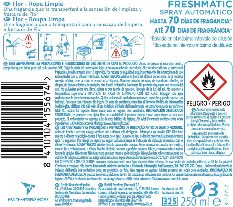 Mega Pack de 6 Recambios Air Wick Freshmatic, Aroma Flor Ropa Limpia. Asegura más de un año de frescura continua y un ambiente siempre agradable en tu hogar. Air Wick - pack