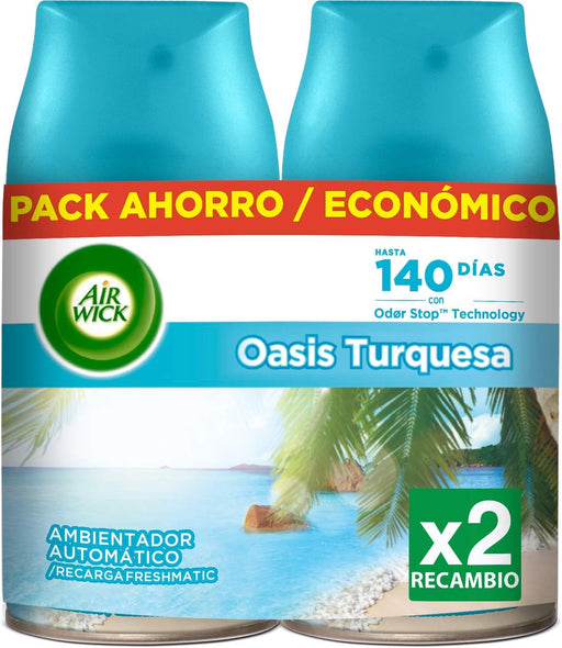 Pack de 2 Recambios Air Wick Freshmatic con aroma Oasis Turquesa. Disfruta de hasta 140 días de una fragancia paradisíaca que elimina los malos olores. Air Wick - frontal
