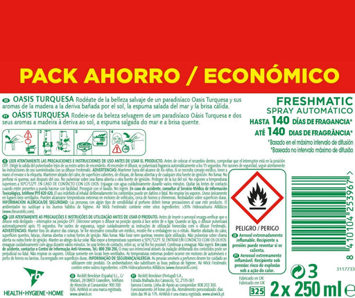 Pack de 2 Recambios Air Wick Freshmatic con aroma Oasis Turquesa. Disfruta de hasta 140 días de una fragancia paradisíaca que elimina los malos olores. Air Wick - pack