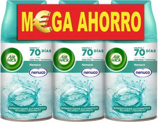 Pack de 3 Recambios Air Wick Freshmatic con Aroma a Nenuco (3x250ml). Ambientador automático que elimina olores y perfuma tu hogar con una fragancia fresca y ligera. Air Wick - frontal
