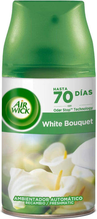 Pack de 3 Recambios Air Wick Freshmatic con Aroma White Bouquet. Asegura hasta 210 días de un ambiente fresco y floral, con la esencia de flores blancas recién cortadas. Air Wick - detalle