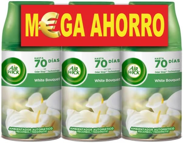Pack de 3 Recambios Air Wick Freshmatic con Aroma White Bouquet. Asegura hasta 210 días de un ambiente fresco y floral, con la esencia de flores blancas recién cortadas. Air Wick - extra