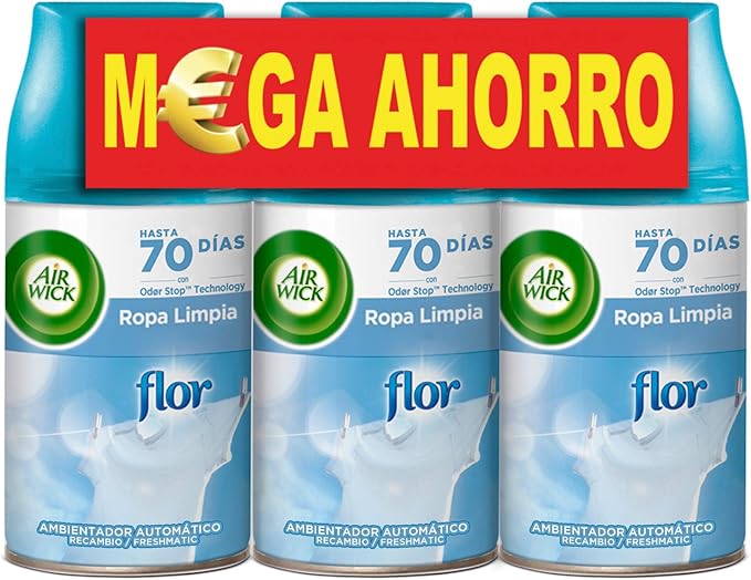 Pack de 3 Recambios Air Wick Freshmatic con Fragancia de Flor. Mantén tu hogar perfumado hasta 210 días con este formato ahorro y su aroma a ropa limpia y fresca. Air Wick - frontal