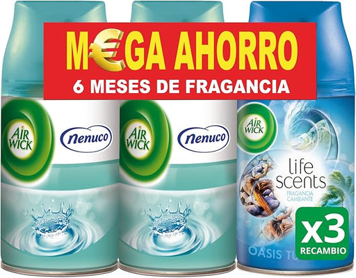 Pack de 3 Recambios Air Wick Freshmatic con fragancias Nenuco y Oasis Turquesa. Un total de 750ml para disfrutar de hasta 6 meses de perfume variado y fresco. Air Wick - frontal