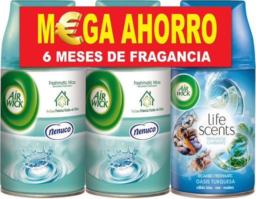 Pack de 3 Recambios Air Wick Freshmatic con fragancias Nenuco y Oasis Turquesa. Un total de 750ml para disfrutar de hasta 6 meses de perfume variado y fresco. Air Wick - pack
