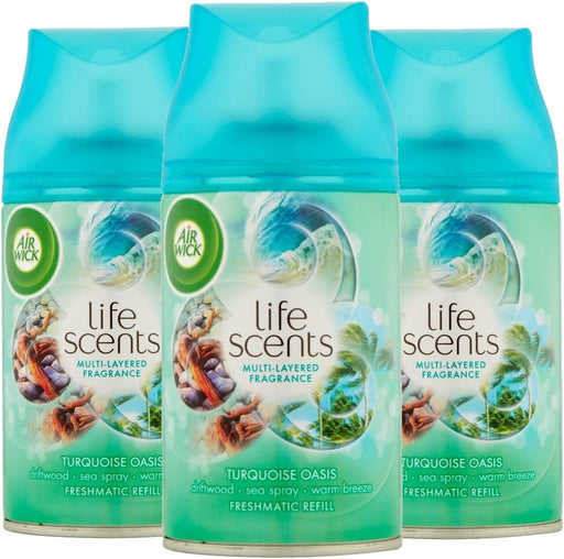 Pack de 3 Recambios Air Wick Freshmatic Max con aroma a Oasis Turquesa. Un total de 750ml para disfrutar de hasta 60 días de fragancia fresca por recambio. Air Wick - frontal