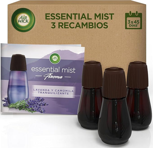 Pack de 3 Recambios para el difusor Air Wick Essential Mist con fragancia de Lavanda y Camomila, una mezcla de aceites esenciales que proporciona hasta 135 días de aroma. Air Wick - frontal