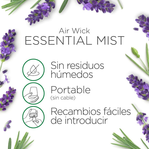 Pack de 3 Recambios para el difusor Air Wick Essential Mist con fragancia de Lavanda y Camomila, una mezcla de aceites esenciales que proporciona hasta 135 días de aroma. Air Wick - pack