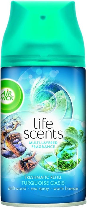 Pack de 4 Recambios Air Wick Freshmatic Max, Aroma Life Scents Oasis Turquesa. Un total de 1000ml de fragancia multicapa para un hogar siempre fresco. Air Wick - frontal