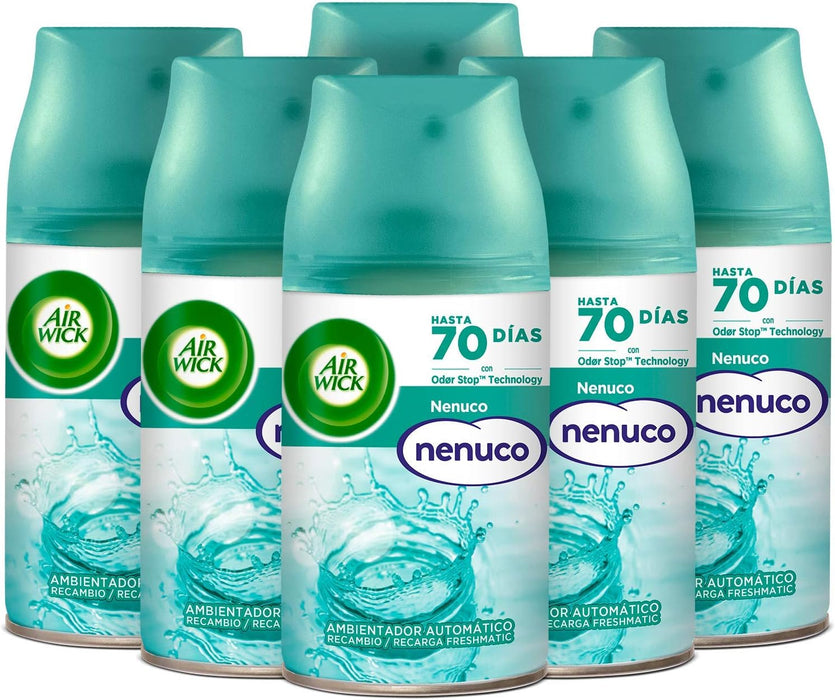 Pack de 6 Recambios Air Wick Freshmatic Aroma Nenuco (6x250ml). Ambientador automático con tecnología Odor Stop para neutralizar olores y perfumar hasta 70 días. Air Wick - frontal