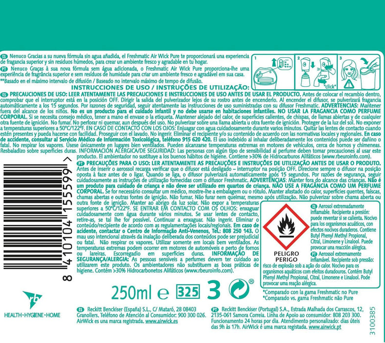 Pack de 6 Recambios Air Wick Freshmatic Aroma Nenuco (6x250ml). Ambientador automático con tecnología Odor Stop para neutralizar olores y perfumar hasta 70 días. Air Wick - pack