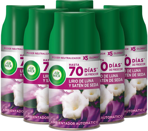 Pack de 6 Recambios Air Wick Freshmatic con aroma Lirio de Luna y Satén de Seda. Un total de 1500ml para perfumar tu hogar de forma continua hasta 70 días. Air Wick - frontal