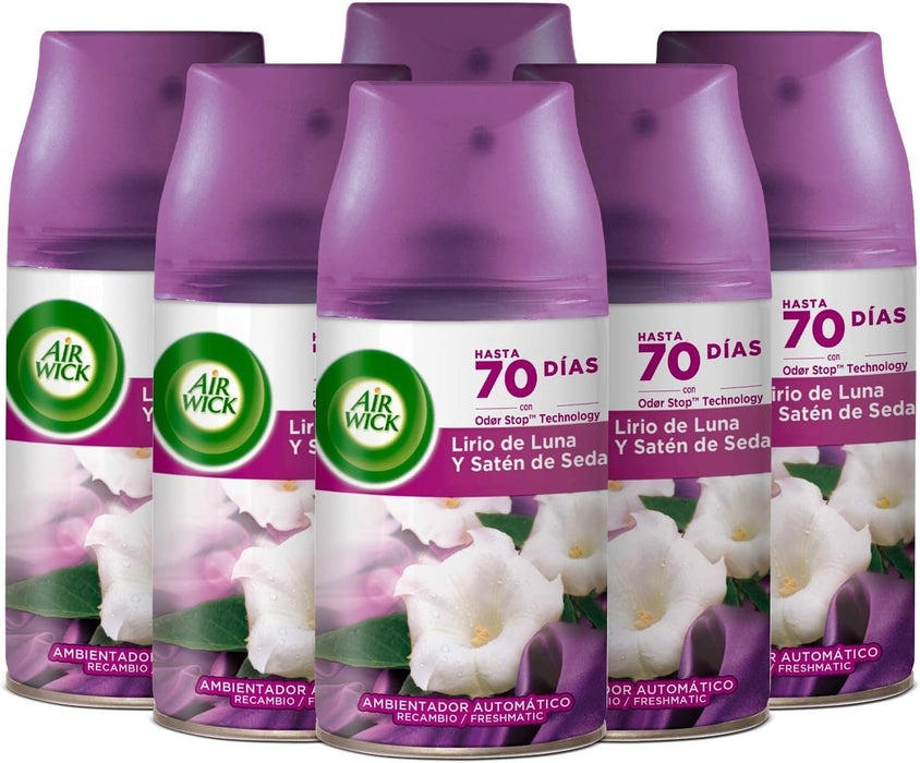 Pack de 6 Recambios Air Wick Freshmatic con aroma Lirio de Luna y Satén de Seda. Un total de 1500ml para perfumar tu hogar de forma continua hasta 70 días. Air Wick - lateral