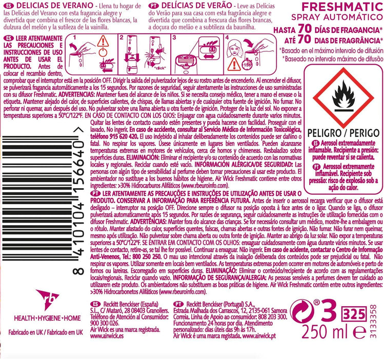 Pack de 6 Recambios Air Wick Freshmatic con aroma Lirio de Luna y Satén de Seda. Un total de 1500ml para perfumar tu hogar de forma continua hasta 70 días. Air Wick - presentacion