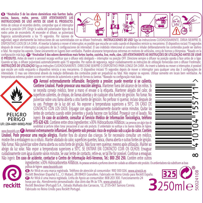 Pack de 6 Recambios Air Wick Freshmatic con aroma Lirio de Luna y Satén de Seda. Un total de 1500ml para perfumar tu hogar de forma continua hasta 70 días. Air Wick - uso