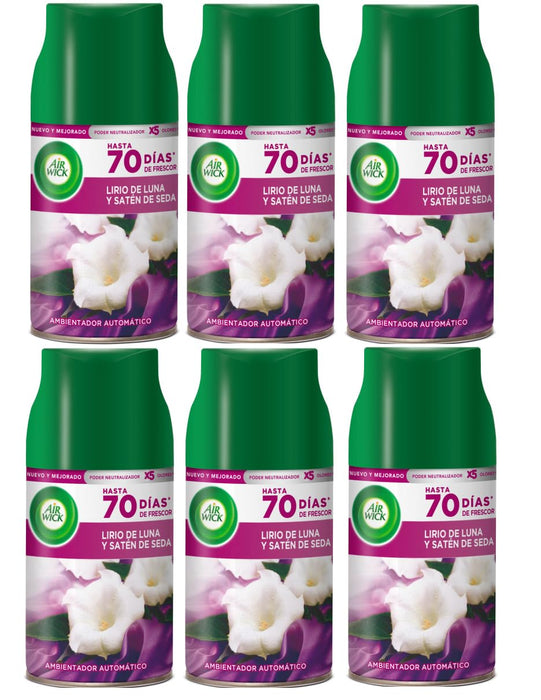 Pack de 6 Recambios Air Wick Freshmatic con aroma Lirio de Luna y Satén de Seda. Un total de 1500ml para perfumar tu hogar de forma continua hasta 70 días. Air Wick - zoom