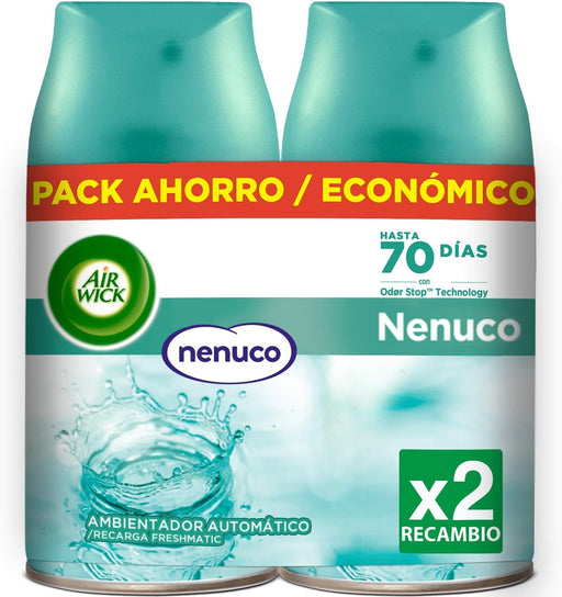Pack Duplo de Recambios Air Wick Freshmatic con fragancia Nenuco. Contiene 2 recambios de 250ml (total 500ml) para disfrutar de hasta 140 días de frescor. Air Wick - frontal