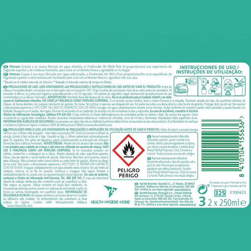 Pack Duplo de Recambios Air Wick Freshmatic con fragancia Nenuco. Contiene 2 recambios de 250ml (total 500ml) para disfrutar de hasta 140 días de frescor. Air Wick - pack