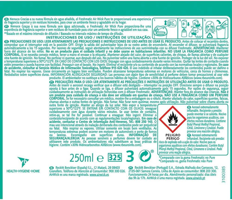 Pack Duplo de Recambios Air Wick Freshmatic con fragancia Nenuco. Contiene 2 recambios de 250ml (total 500ml) para disfrutar de hasta 140 días de frescor. Air Wick - presentacion