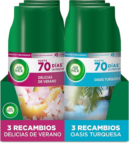 Pack Exclusivo Air Wick Freshmatic: 6 Recambios de Ambientador Automático con Aromas Mixtos de Delicias de Verano y Oasis Turquesa. ¡Tu hogar siempre fresco y perfumado! Air Wick - frontal