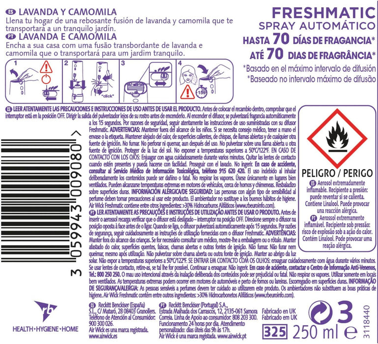 Recambio Air Wick Freshmatic con Aroma a Lavanda, 250 ml. Disfruta de un ambiente tranquilo y natural hasta 60 días con la relajante fusión de lavanda y bergamota. Air Wick - pack