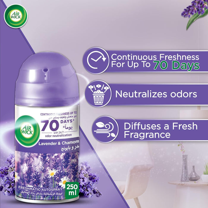 Recambio Air Wick Freshmatic con Aroma a Lavanda, 250 ml. Disfruta de un ambiente tranquilo y natural hasta 60 días con la relajante fusión de lavanda y bergamota. Air Wick - presentacion