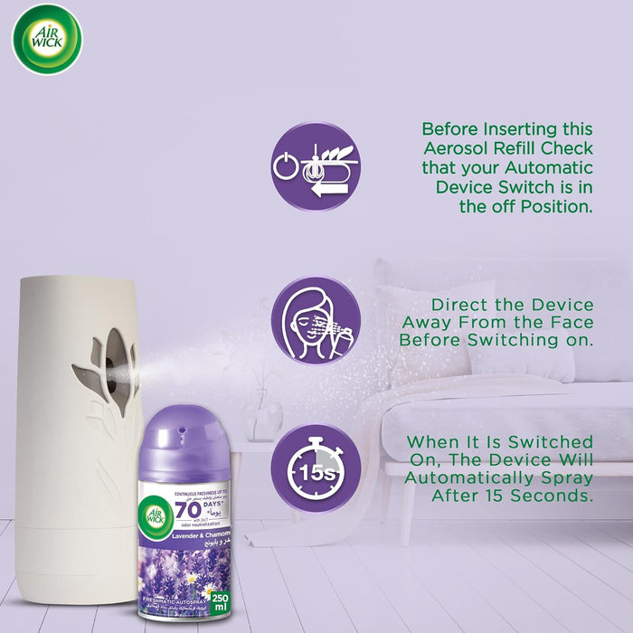 Recambio Air Wick Freshmatic con Aroma a Lavanda, 250 ml. Disfruta de un ambiente tranquilo y natural hasta 60 días con la relajante fusión de lavanda y bergamota. Air Wick - zoom