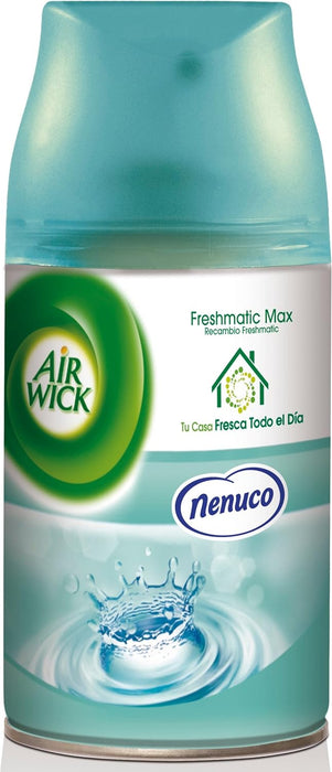 Recambio Air Wick Freshmatic de 250ml con la icónica fragancia a Colonia Nenuco. Un aroma fresco y ligero para un hogar que huele a limpio y a bebé. Air Wick - detalle