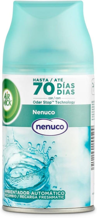 Recambio Air Wick Freshmatic de 250ml con la icónica fragancia a Colonia Nenuco. Un aroma fresco y ligero para un hogar que huele a limpio y a bebé. Air Wick - frontal