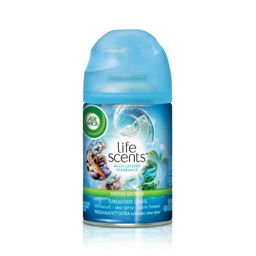 Recambio Air Wick Freshmatic Max con fragancia Life Scents Oasis Turquesa. Un recambio de 250ml con aroma cambiante para un frescor que dura hasta 2 meses. Air Wick - frontal