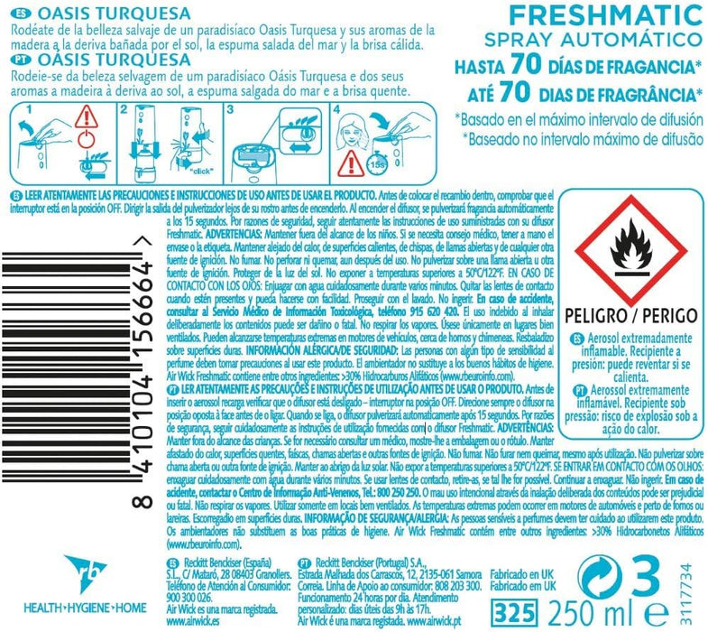 Recambio Air Wick Freshmatic Max con fragancia Life Scents Oasis Turquesa. Un recambio de 250ml con aroma cambiante para un frescor que dura hasta 2 meses. Air Wick - ingredientes