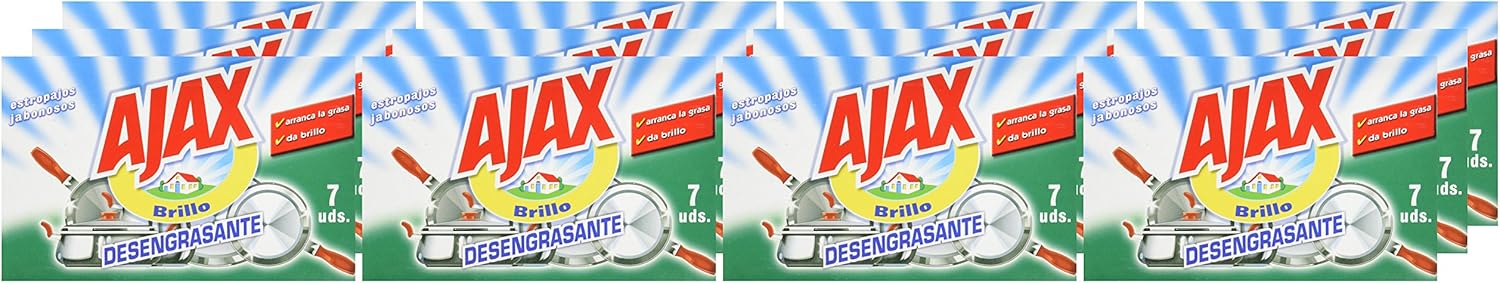 Ajax Estropajos Jabonosos, Mega Pack de 12 paquetes de 7 unidades. La solución definitiva para arrancar la grasa y la suciedad más incrustada en cualquier superficie. Ajax - ingredientes