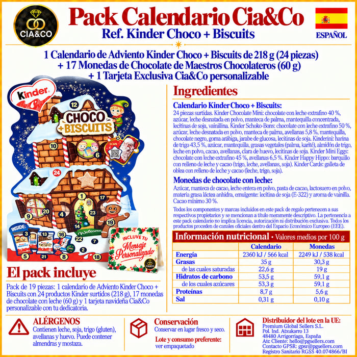 Calendario de Adviento Kinder Choco + Biscuits 2026 + Tarjeta Personalizada