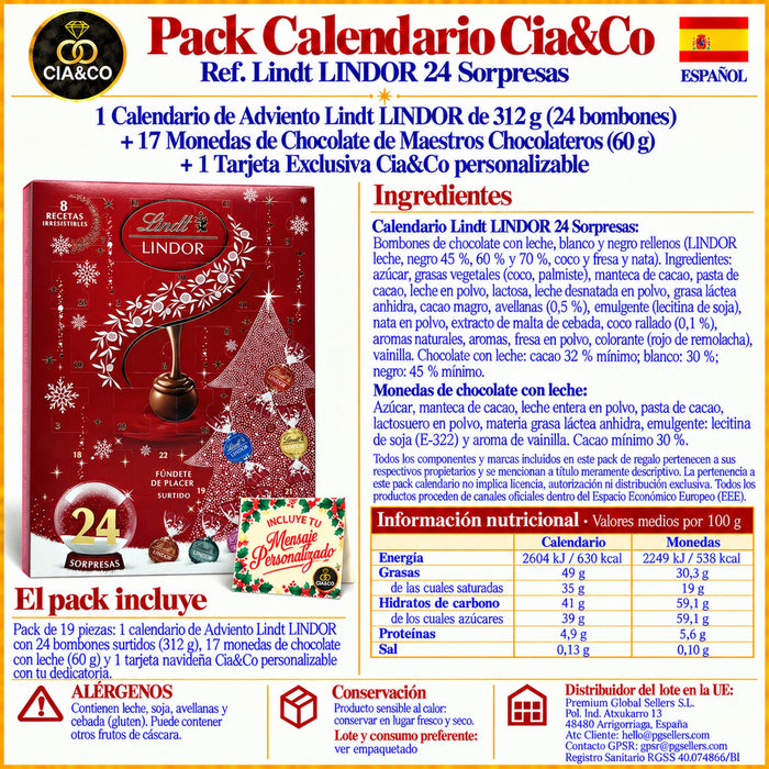 Calendario de Adviento Lindt LINDOR 2026 + Tarjeta Personalizada Cia&Co