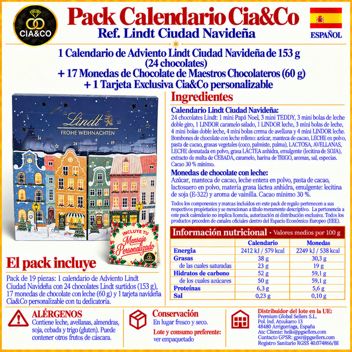 Calendario Adviento Lindt Chocolate Ciudad Navideña 2026 + Tarjeta Dedicada