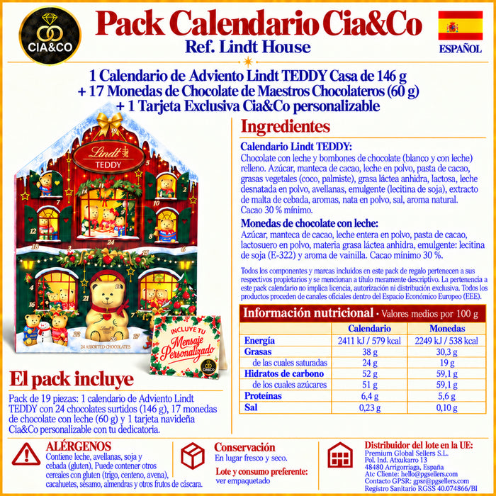 Calendario de Adviento Lindt Chocolate Teddy Casa 2026 + Tarjeta Dedicada