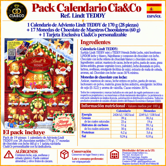 Calendario de Adviento Lindt TEDDY 2026 + Tarjeta Personalizada Cia&Co
