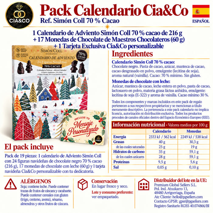 Calendario de Adviento Simón Coll 70 % Cacao 2026 + Tarjeta Cia&Co