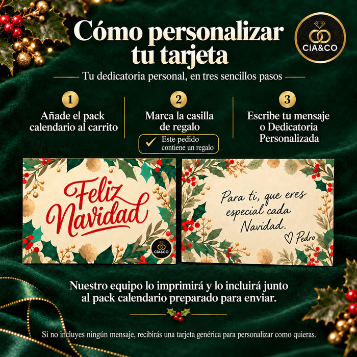 Calendario de Adviento Simón Coll 70 % Cacao 2026 – detalle del pack con tarjeta Cia&Co