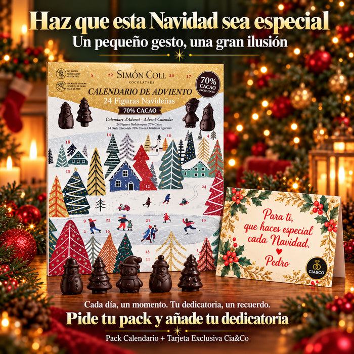 Calendario de Adviento Simón Coll 70 % Cacao 2026 – tarjeta con mensaje personalizado