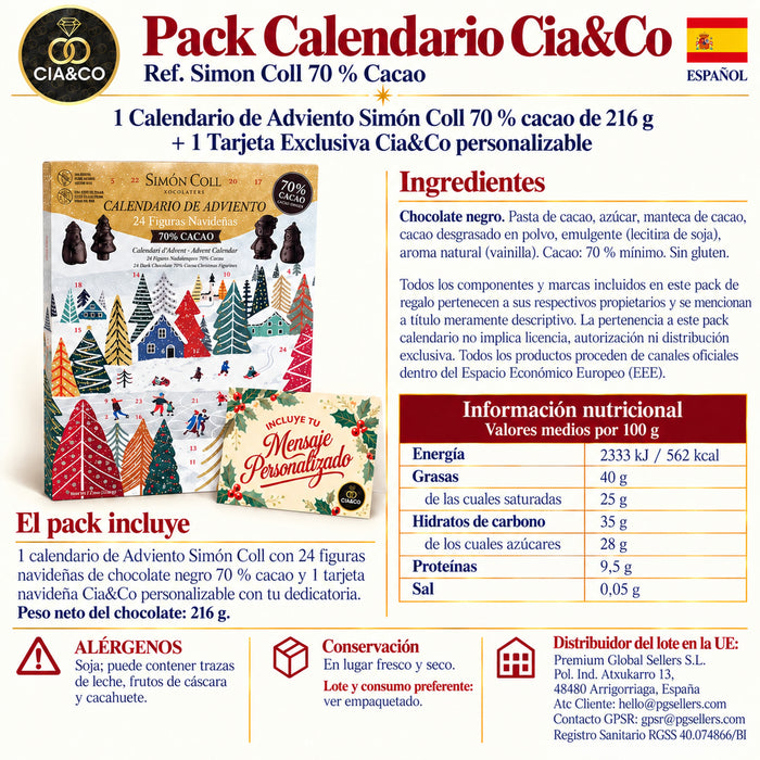 Calendario de Adviento Simón Coll 70 % Cacao 2026 – ingredientes, alérgenos y tabla nutricional
