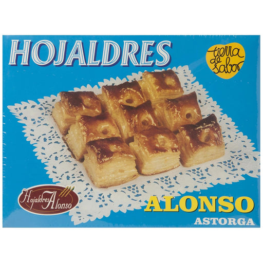 Hojaldres Alonso, los auténticos miguelitos de Astorga. Caja de 700 gramos de pura tradición y sabor artesanal, con una textura crujiente y un dulzor equilibrado. Alonso - frontal