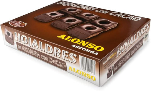 Hojaldres de Astorga Alonso bañados en chocolate, el capricho perfecto para los amantes del cacao. Estuche de 400 gramos con aproximadamente 10 deliciosas unidades. Alonso - frontal