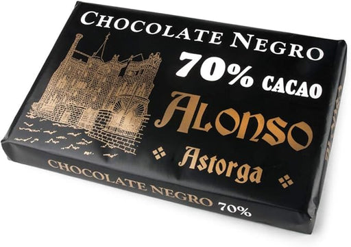 Tableta de Chocolate Negro 70% ALONSO, formato XXL de 900g. Un chocolate artesanal de Astorga, elaborado con los mejores cacaos del mundo para los paladares más exigentes. Alonso - frontal