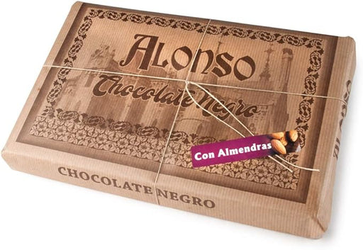 Tableta de Chocolate Negro Intenso con Almendras ALONSO XXL 900g. Para los amantes del cacao puro. Un manjar artesano de Astorga con los mejores cacaos. Alonso - frontal