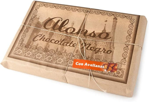 Tableta de Chocolate Negro Intenso con Avellanas ALONSO XXL 900g. Sabor potente de los mejores cacaos del mundo. Un placer artesanal de Astorga. Alonso - frontal