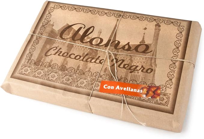 Tableta de Chocolate Negro Intenso con Avellanas ALONSO XXL 900g. Sabor potente de los mejores cacaos del mundo. Un placer artesanal de Astorga. Alonso - frontal