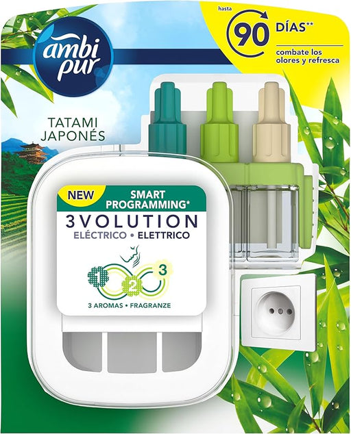 Ambi Pur 3Volution Ambientador Eléctrico Kit con Fragancia Frescor de la Mañana 20ml. Disfruta de un ambiente sin olores y con un perfume que dura 80 días. Ambipur - frontal