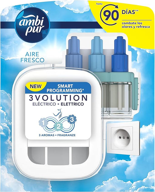 Ambi Pur 3Volution Ambientador Eléctrico Kit Inicial Sky-Aire Fresco. Elimina olores y perfuma tu hogar hasta 90 días con 3 fragancias que se alternan. Ambipur - frontal